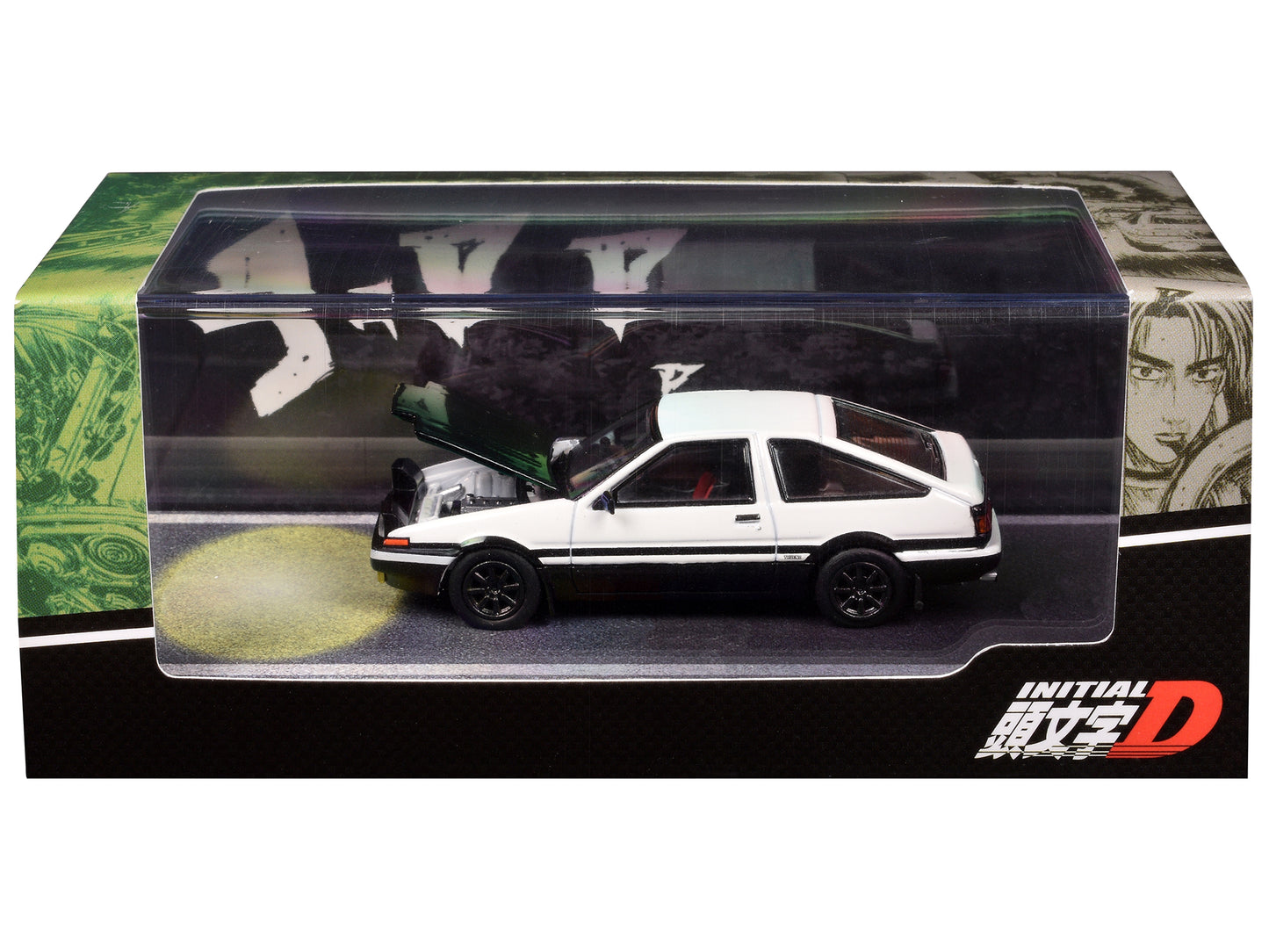 Toyota Sprinter Trueno (AE86) RHD (Right Hand Drive) White and Black with Carbon Hood "Engine Mounted Model VS Tomoyuki Tachi" "Initial D" (1995-2013) Manga 1/64 Diecast Model Car by Hobby Japan