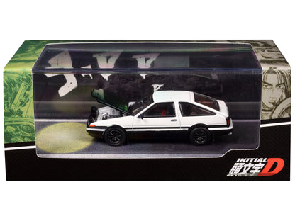 Toyota Sprinter Trueno (AE86) RHD (Right Hand Drive) White and Black with Carbon Hood "Engine Mounted Model VS Tomoyuki Tachi" "Initial D" (1995-2013) Manga 1/64 Diecast Model Car by Hobby Japan