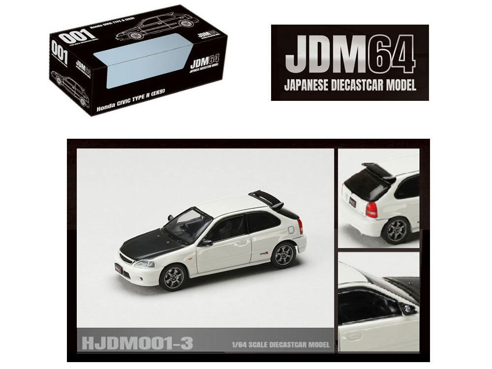 Honda Civic Type R (EK9) RHD (Right Hand Drive) Championship White with Carbon Hood "JDM64" Series 1/64 Diecast Model Car by Hobby Japan