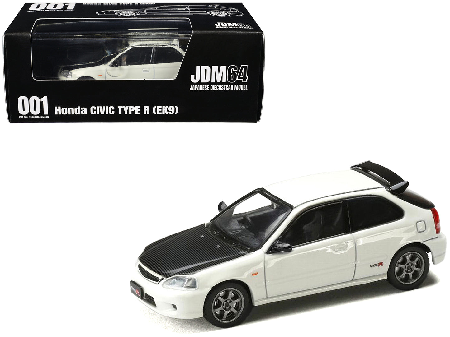 Honda Civic Type R (EK9) RHD (Right Hand Drive) Championship White with Carbon Hood "JDM64" Series 1/64 Diecast Model Car by Hobby Japan