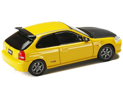 Honda Civic Type R (EK9) RHD (Right Hand Drive) Sunlight Yellow with Carbon Hood "JDM64" Series 1/64 Diecast Model Car by Hobby Japan