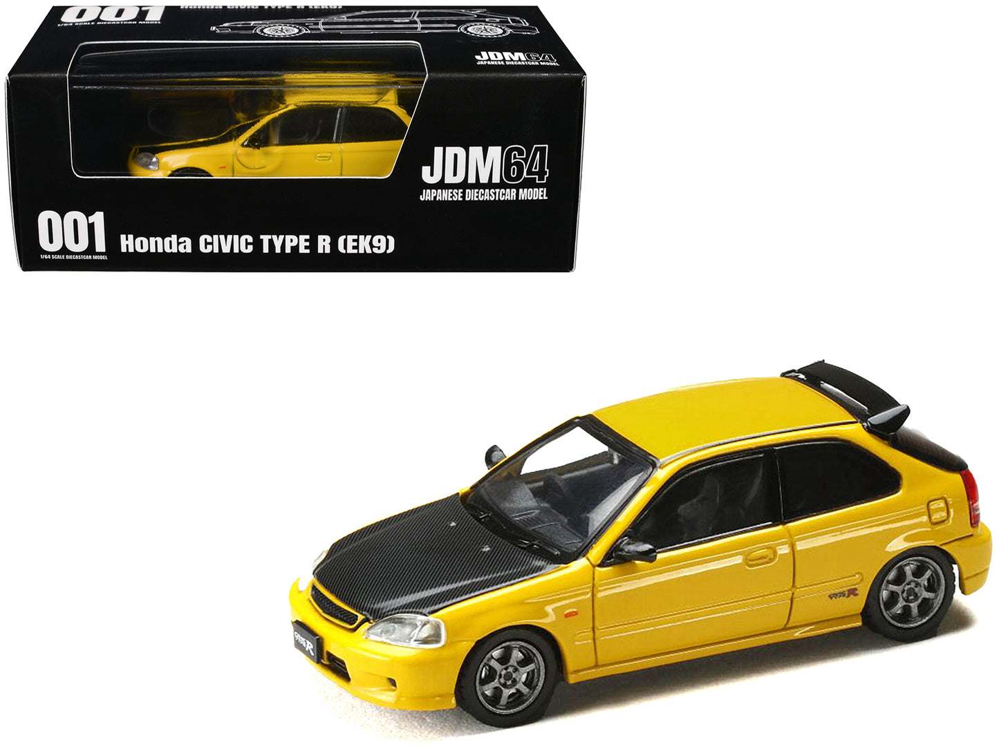 Honda Civic Type R (EK9) RHD (Right Hand Drive) Sunlight Yellow with Carbon Hood "JDM64" Series 1/64 Diecast Model Car by Hobby Japan