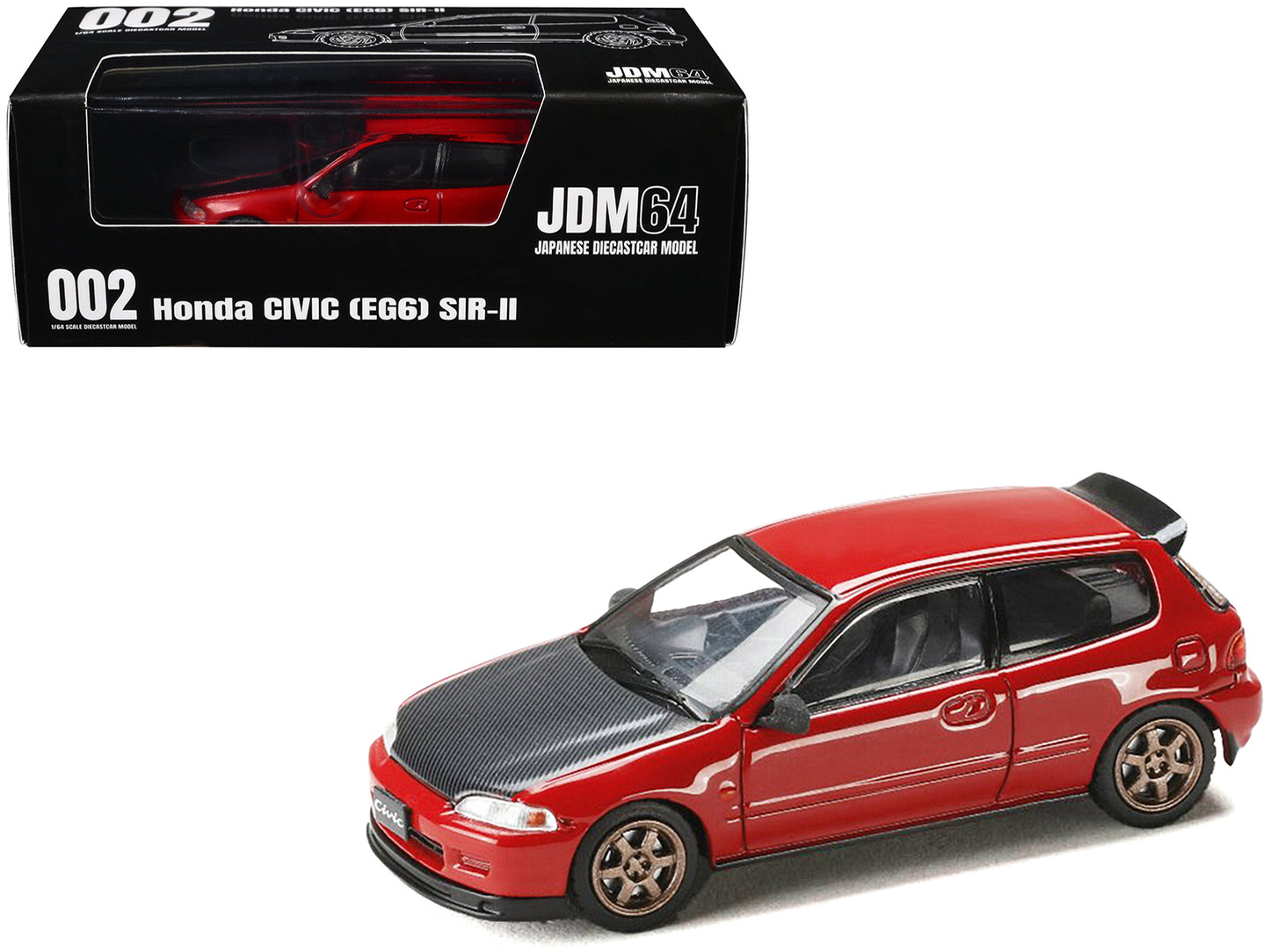 Honda Civic (EG6) SIR-II RHD (Right Hand Drive) Milano Red with Carbon Hood "JDM64" Series 1/64 Diecast Model Car by Hobby Japan