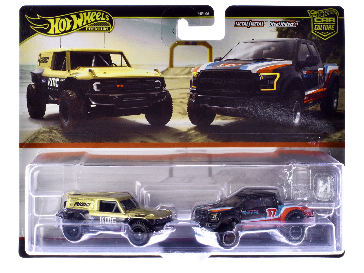 Ford Bronco R Gold Metallic and Black and 2017 Ford F-150 Raptor Pickup Truck #17 Black with Stripes "Car Culture" Set of 2 Cars Diecast Model Cars by Hot Wheels