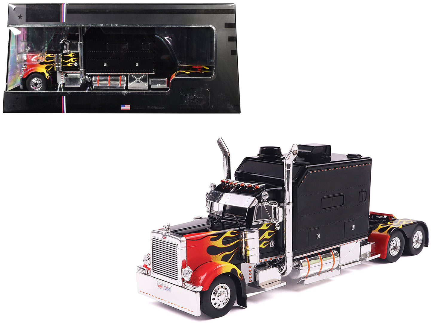 2002 Peterbilt 379 Custom Truck Tractor Black with Flame Graphics 1/43 Diecast Model by IXO Models
