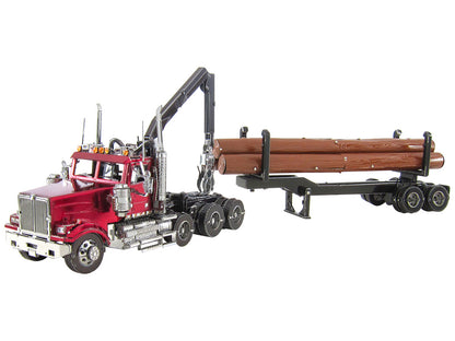 Model Kit Western Star 4900 Log Truck and Trailer Red Metallic (Challenging Difficulty) Steel Model by Metal Earth