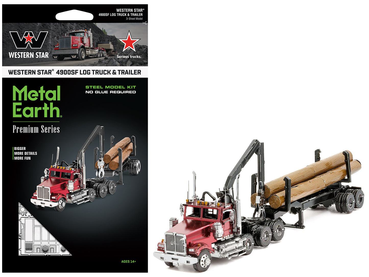 Model Kit Western Star 4900 Log Truck and Trailer Red Metallic (Challenging Difficulty) Steel Model by Metal Earth