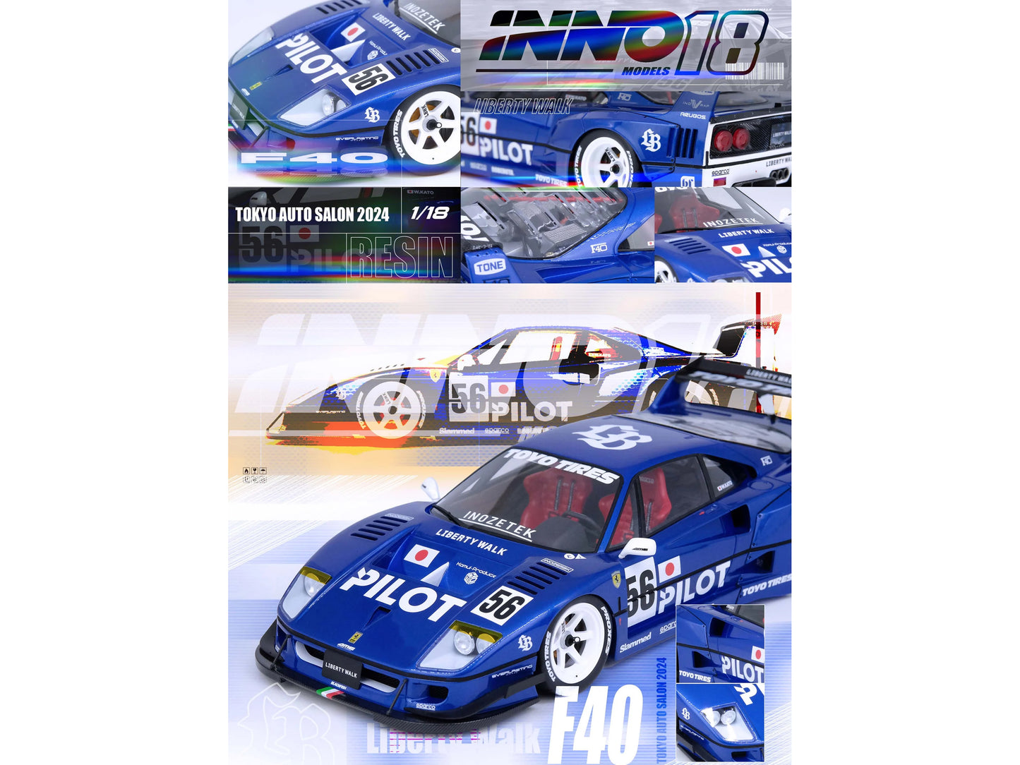 LBWK (Liberty Walk) F40 #56 Blue Metallic with Graphics "Tokyo Auto Salon 2024" 1/18 Model Car by Inno Models