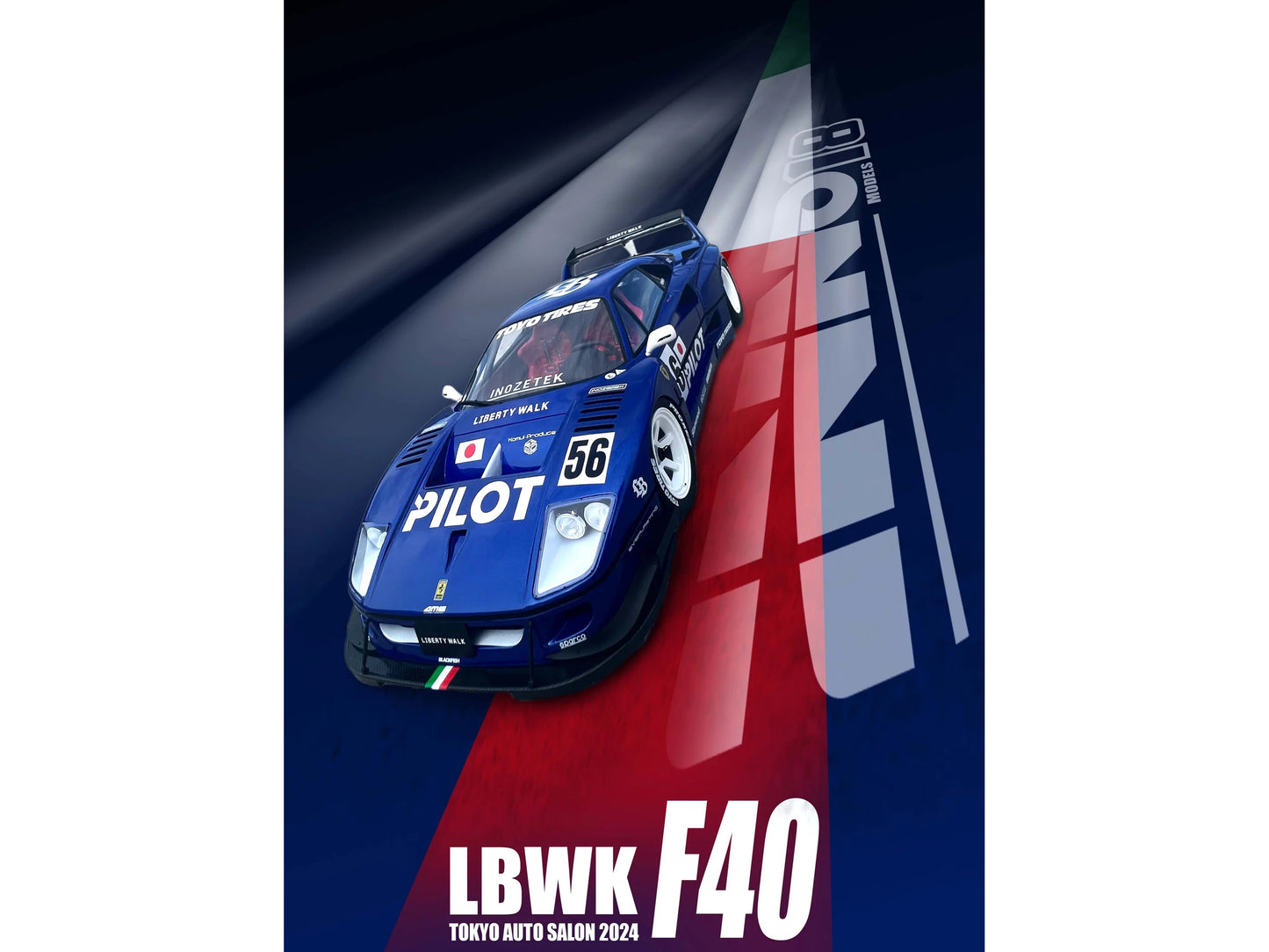 LBWK (Liberty Walk) F40 #56 Blue Metallic with Graphics "Tokyo Auto Salon 2024" 1/18 Model Car by Inno Models