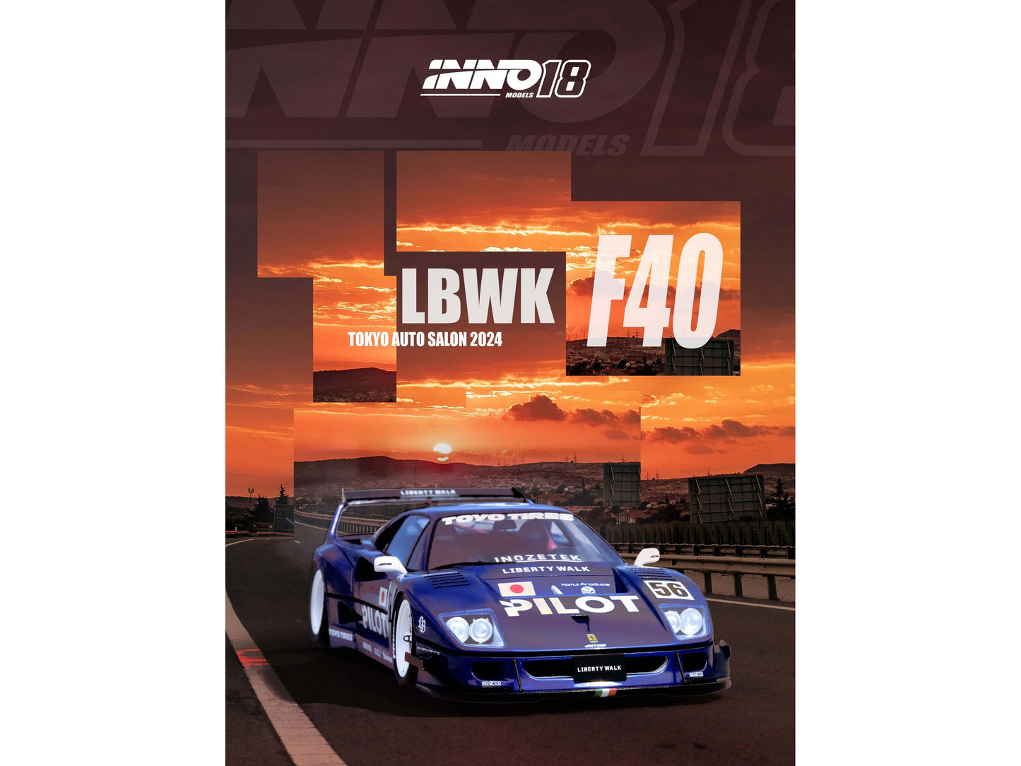 LBWK (Liberty Walk) F40 #56 Blue Metallic with Graphics "Tokyo Auto Salon 2024" 1/18 Model Car by Inno Models