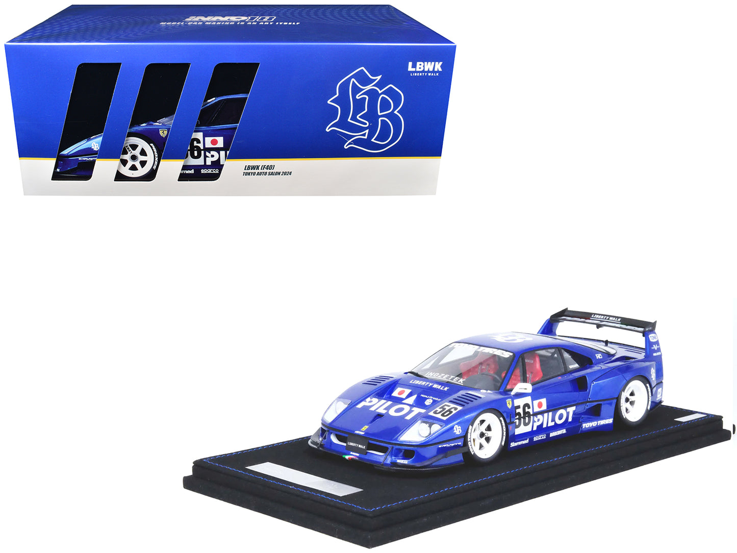 LBWK (Liberty Walk) F40 #56 Blue Metallic with Graphics "Tokyo Auto Salon 2024" 1/18 Model Car by Inno Models