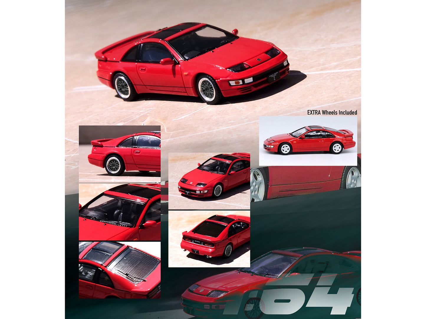 Nissan Fairlady Z (Z32) RHD (Right Hand Drive) Aztec Red with Sunroof and Extra Wheels 1/64 Diecast Model Car by Inno Models