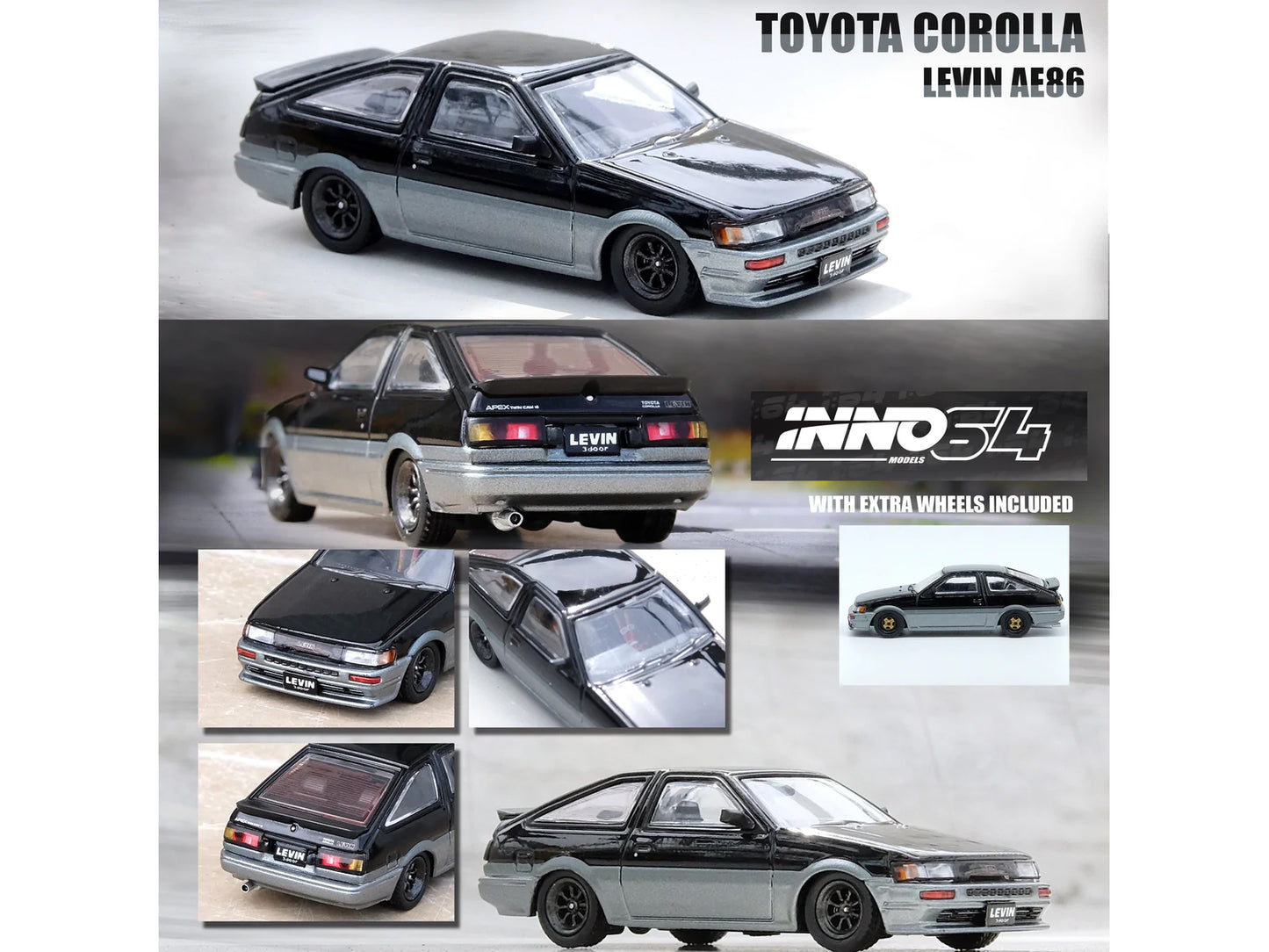 Toyota Corolla AE86 Levin RHD (Right Hand Drive) Black and Gray Metallic 1/64 Diecast Model Car by Inno Models