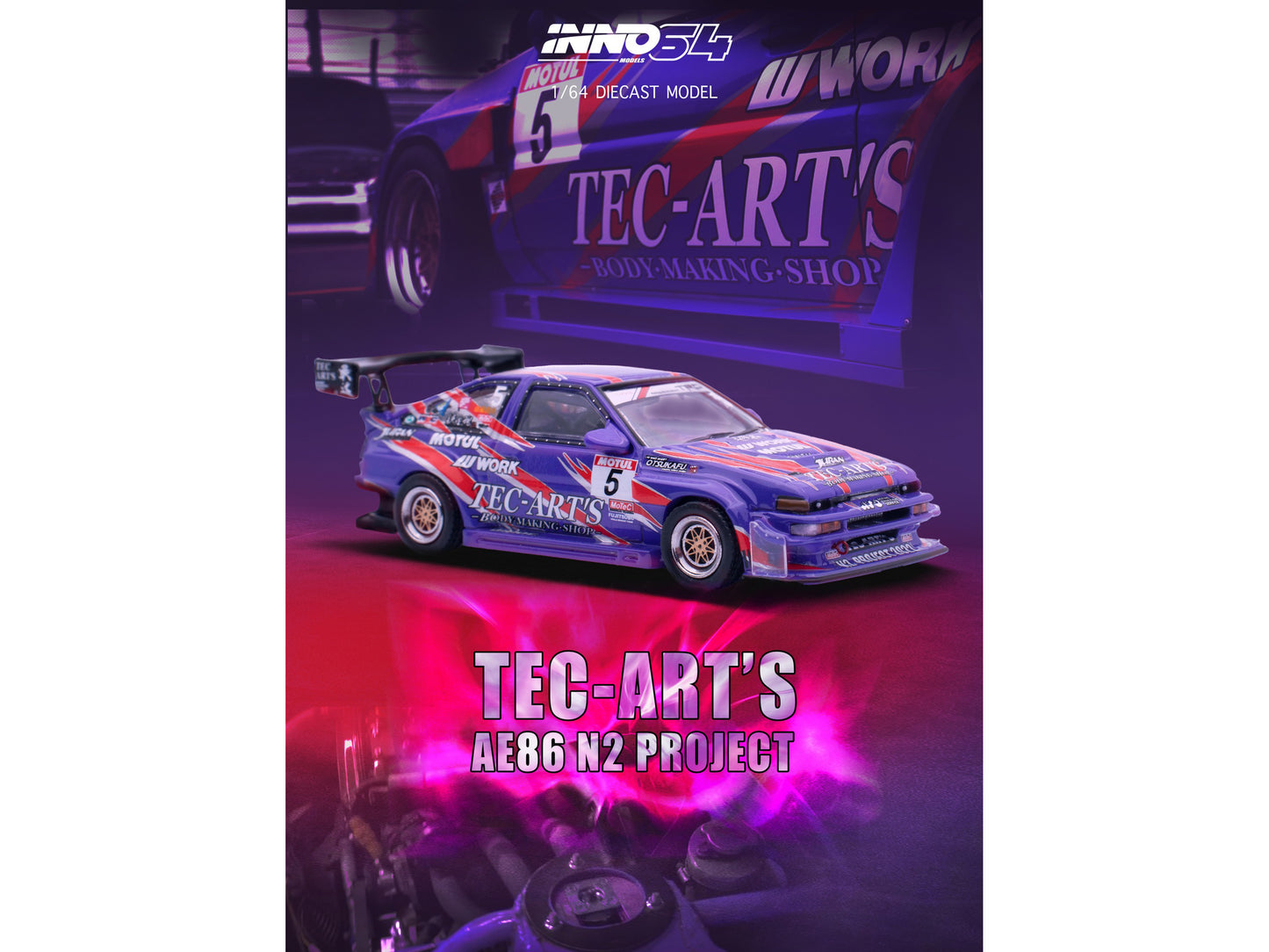 Toyota Sprinter Trueno (AE86) RHD (Right Hand Drive) #5 "N2 Project by TEC-ART's" Purple Metallic with Graphics 1/64 Diecast Model Car by Inno Models