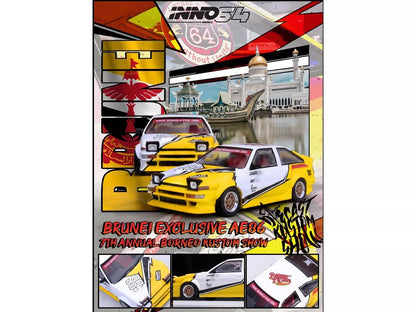 Toyota Sprinter Trueno (AE86) RHD (Right Hand Drive) "Brunei Diecast Kustom Show 2024" White and Yellow with Graphics 1/64 Diecast Model Car by Inno Models