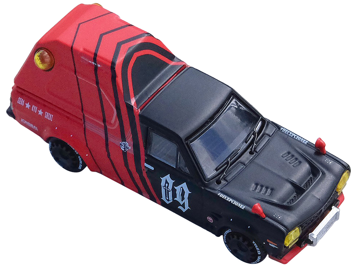 Nissan Sunny "Hakotora" Pickup Truck RHD (Right Hand Drive) #09 with Camper Shell Red and Black "09 Racing #Decepcionez" with Keychain Gift 1/64 Diecast Model Car by Inno Models