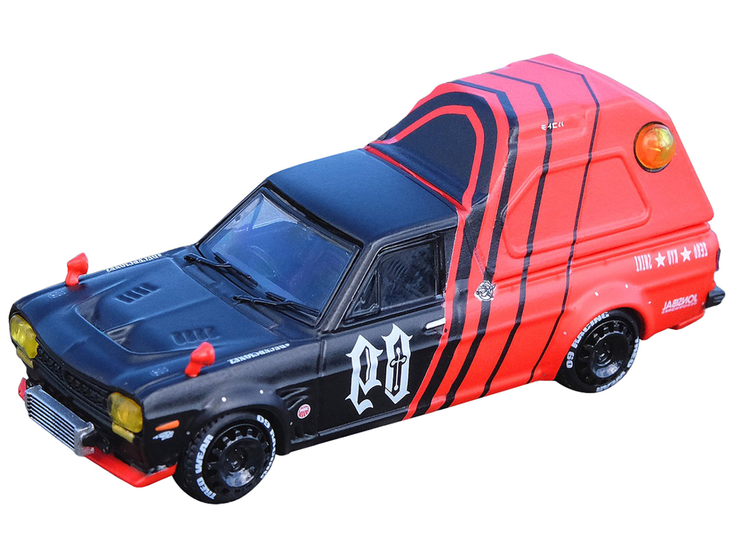 Nissan Sunny "Hakotora" Pickup Truck RHD (Right Hand Drive) #09 with Camper Shell Red and Black "09 Racing #Decepcionez" with Keychain Gift 1/64 Diecast Model Car by Inno Models