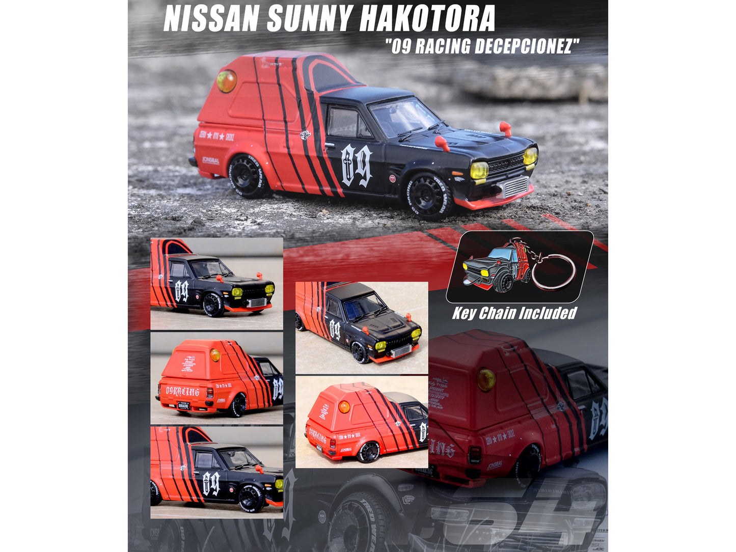 Nissan Sunny "Hakotora" Pickup Truck RHD (Right Hand Drive) #09 with Camper Shell Red and Black "09 Racing #Decepcionez" with Keychain Gift 1/64 Diecast Model Car by Inno Models