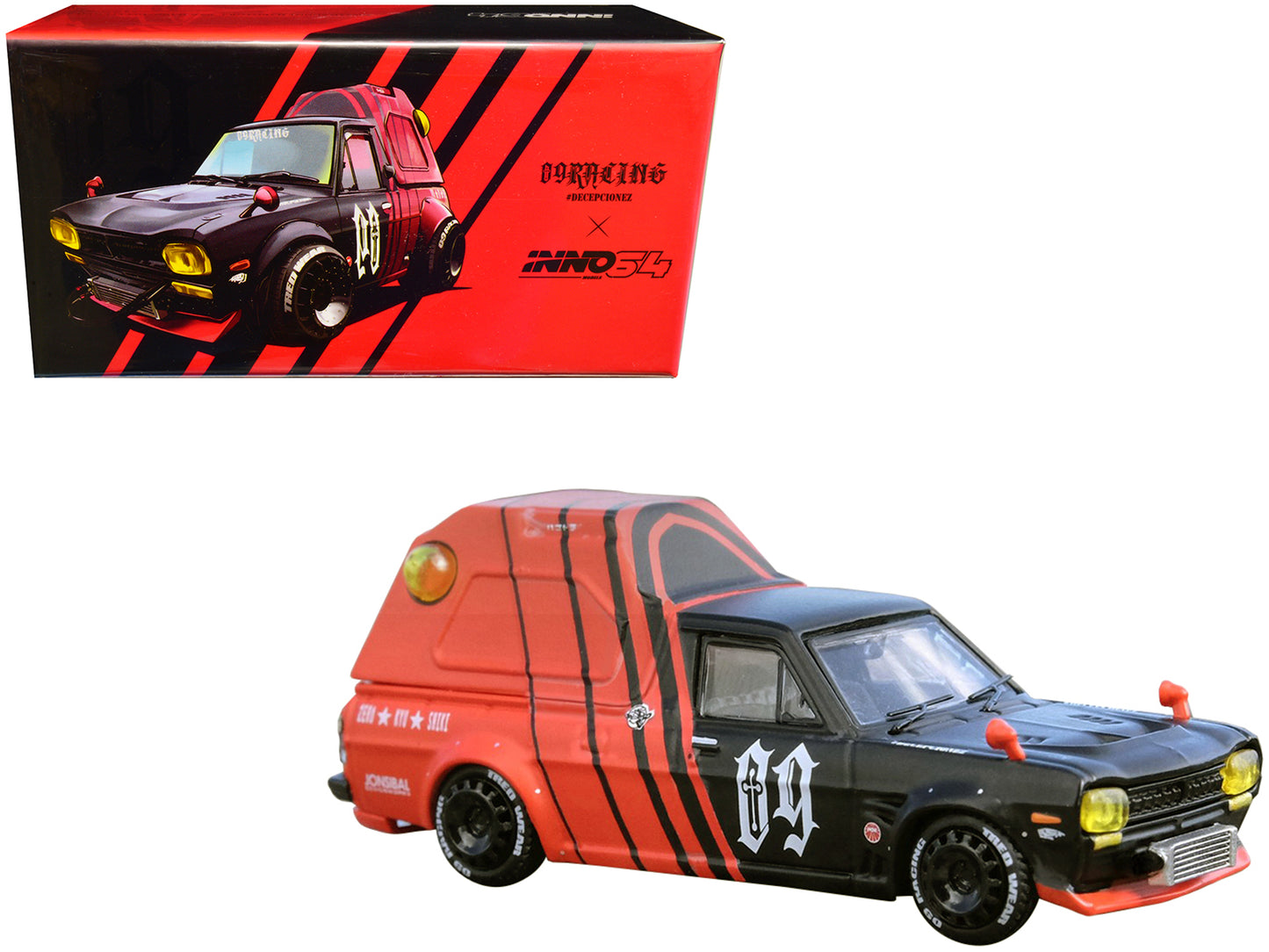 Nissan Sunny "Hakotora" Pickup Truck RHD (Right Hand Drive) #09 with Camper Shell Red and Black "09 Racing #Decepcionez" with Keychain Gift 1/64 Diecast Model Car by Inno Models