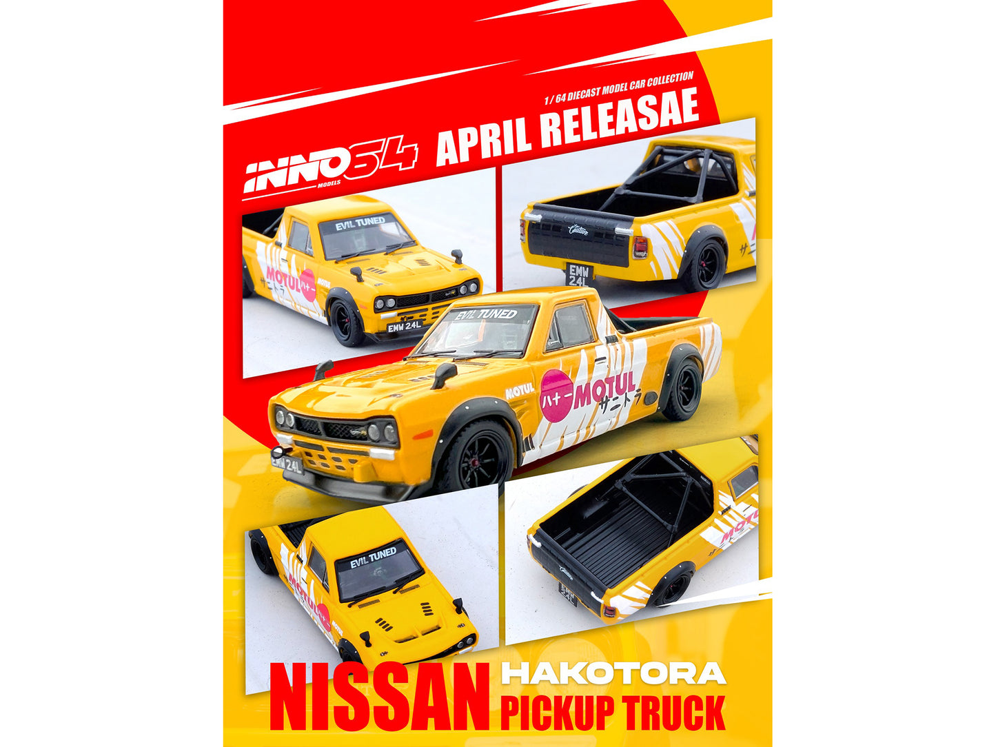 Nissan Sunny "Hakotora" Pickup Truck RHD (Right Hand Drive) "Motul" Yellow with White Stripes 1/64 Diecast Model Car by Inno Models