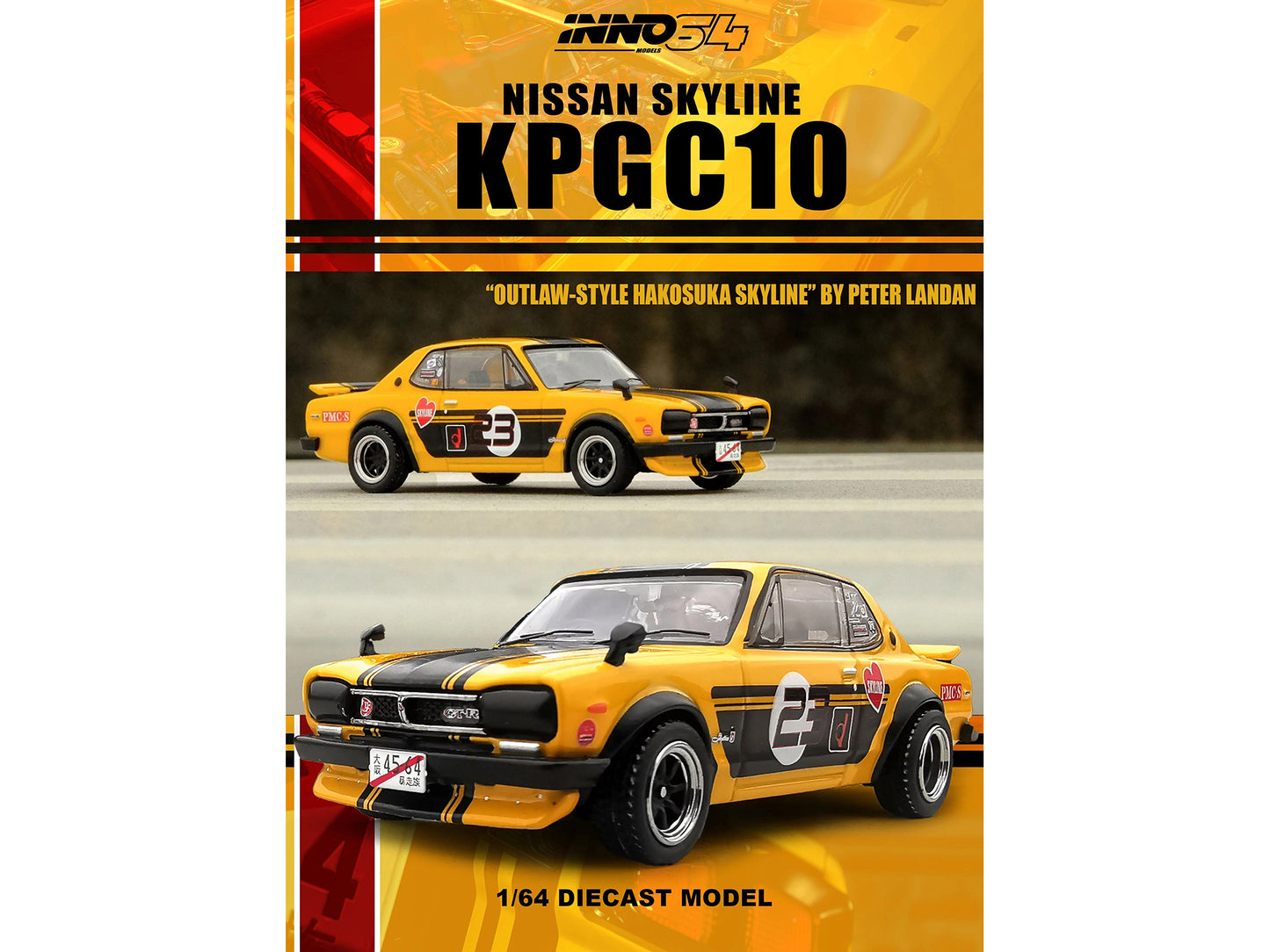 Nissan Skyline 2000 GT-R (KPGC10) RHD (Right Hand Drive) #23 Yellow with Black Stripes "Outlaw" 1/64 Diecast Model Car by Inno Models