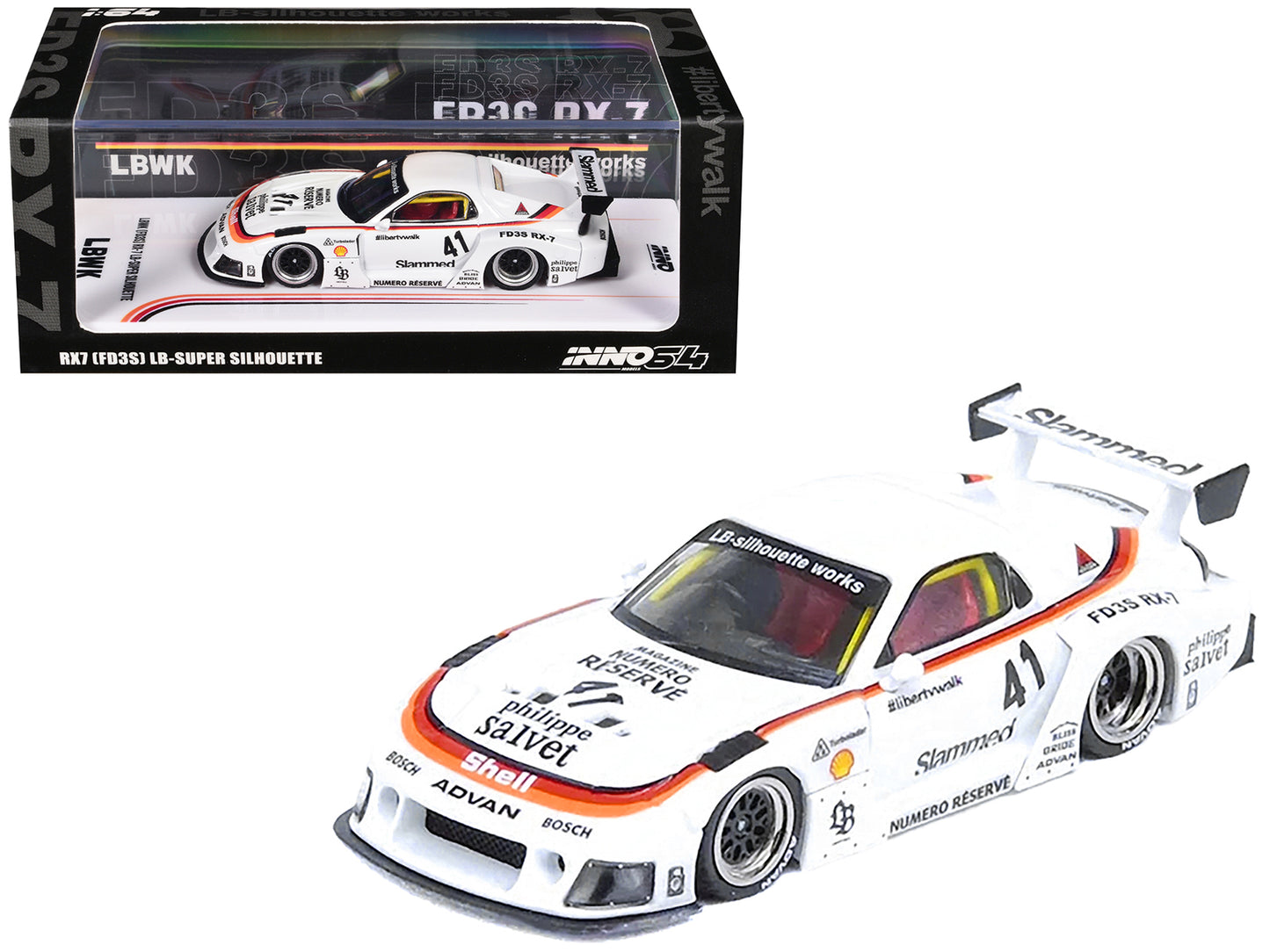 Mazda RX7 (FD3S) LB-Super-Silhouette RHD (Right Hand Drive) #41 White with Stripes and Graphics 1/64 Diecast Model Car by Inno Models