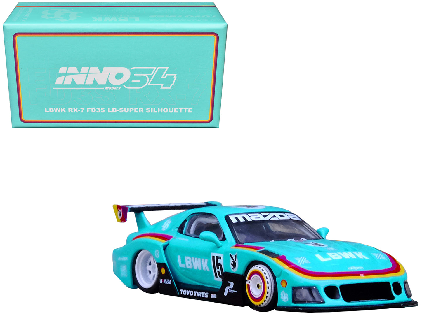 Mazda RX7 (FD3S) LB-Super-Silhouette RHD (Right Hand Drive) #15 Light Blue with Stripes 1/64 Diecast Model Car by Inno Models