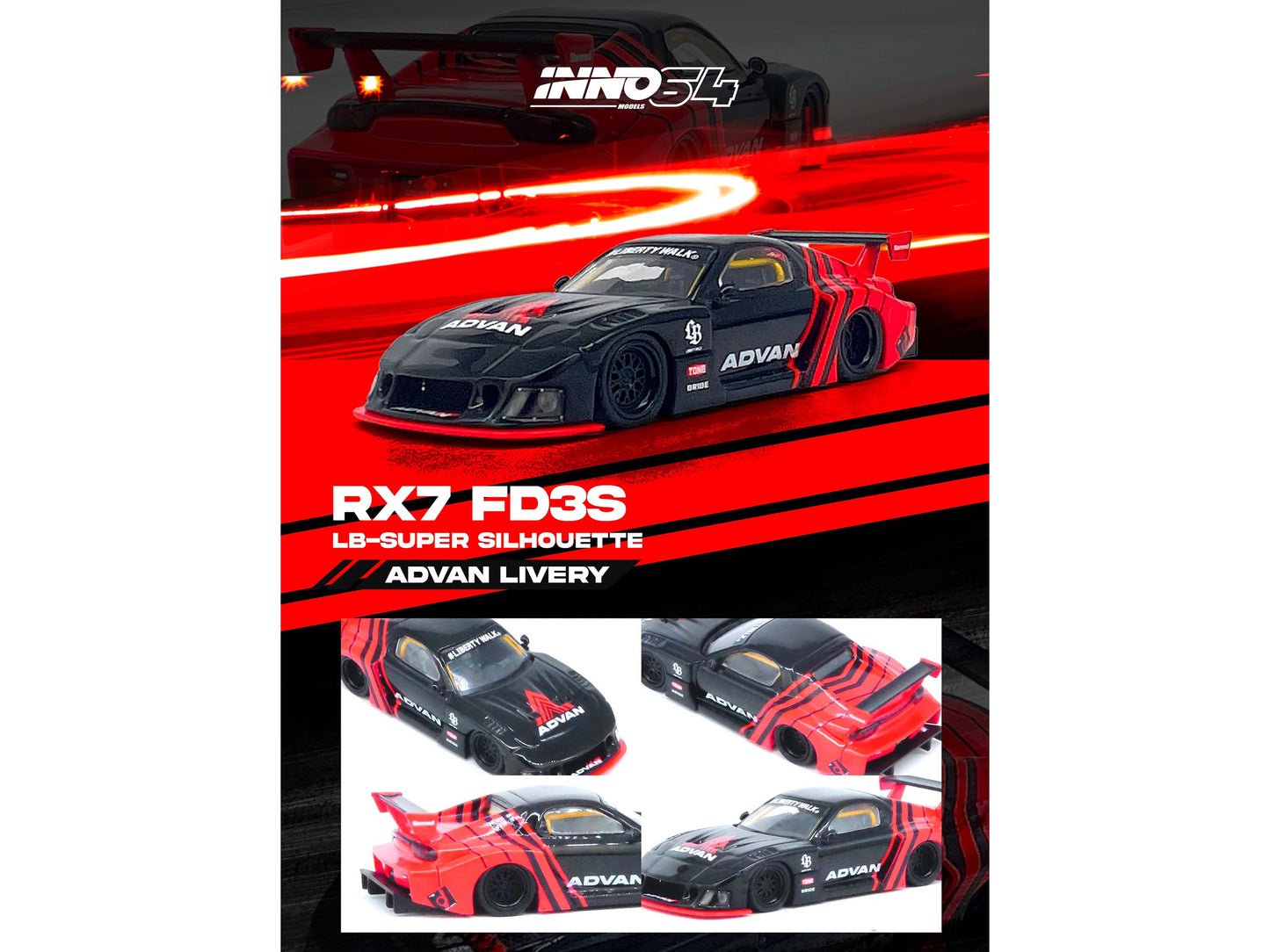 Mazda RX7 (FD3S) LB-Super-Silhouette RHD (Right Hand Drive) "Advan Livery" Red and Black 1/64 Diecast Model Car by Inno Models