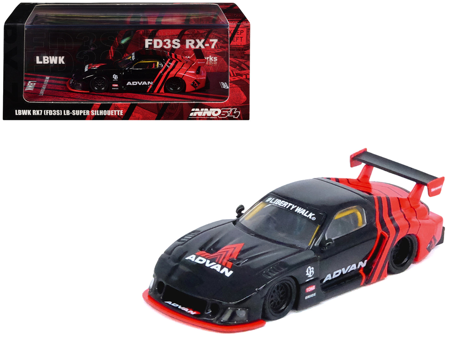 Mazda RX7 (FD3S) LB-Super-Silhouette RHD (Right Hand Drive) "Advan Livery" Red and Black 1/64 Diecast Model Car by Inno Models