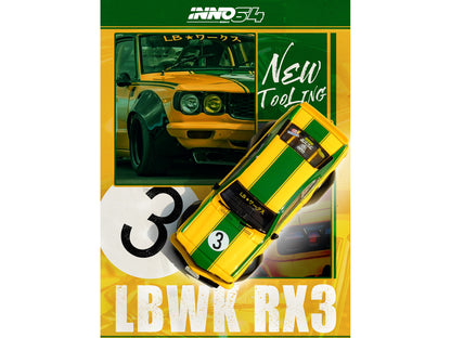 Mazda RX-3 Liberty Walk RHD (Right Hand Drive) #3 "Savanna" Yellow with Green Stripes 1/64 Diecast Model Car by Inno Models