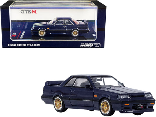 Nissan Skyline GTS-R (R31) RHD (Right Hand Drive) Dark Blue Metallic with Gold Wheels 1/64 Diecast Model Car by Inno Models