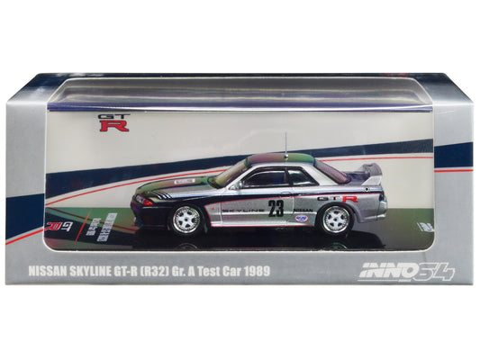 Nissan Skyline GT-R (R32) RHD (Right Hand Drive) #23 Silver Metallic with Black Graphics "Gr. A Test Car" (1989) 1/64 Diecast Model Car by Inno Models