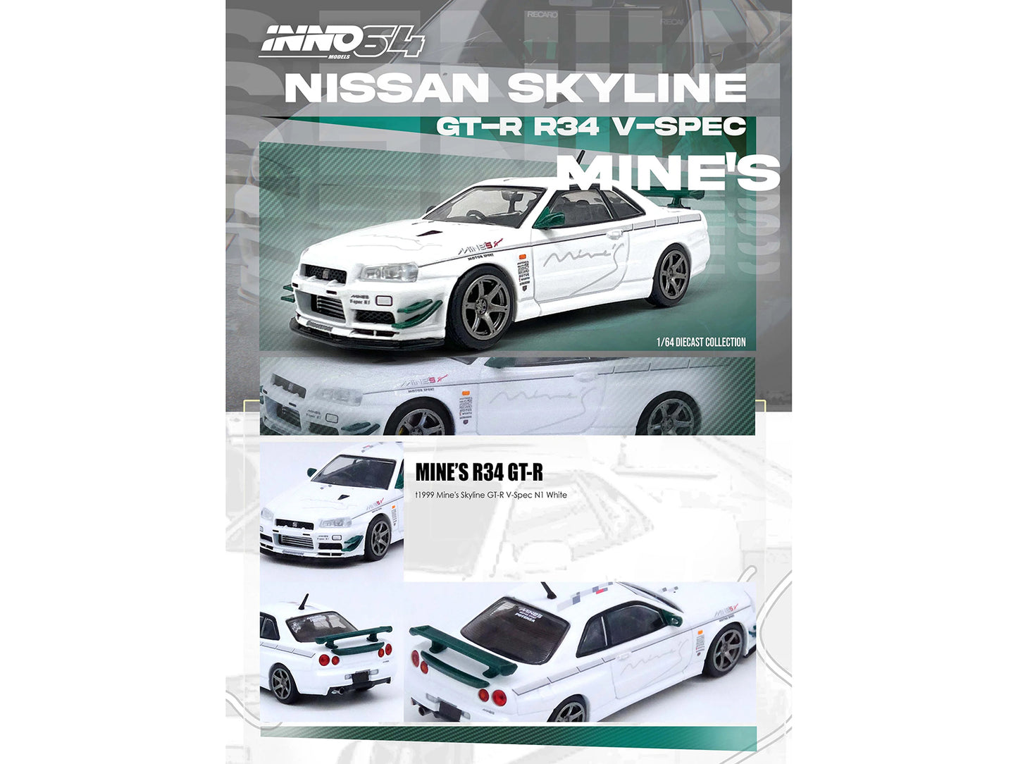 Nissan Skyline GT-R (R34) V-SPEC N1 RHD (Right Hand Drive) "Tuned by Mine's" White 1/64 Diecast Model Car by Inno Models