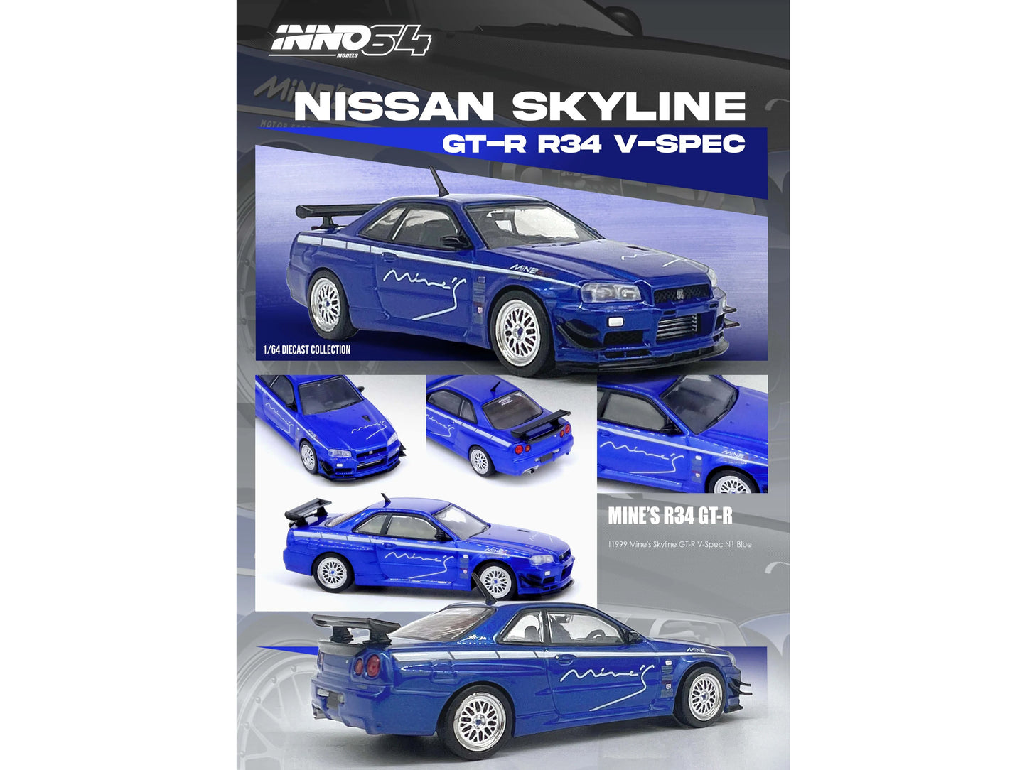 Nissan Skyline GT-R (R34) V-SPEC RHD (Right Hand Drive) "Tuned by Mine's" Blue Metallic 1/64 Diecast Model Car by Inno Models