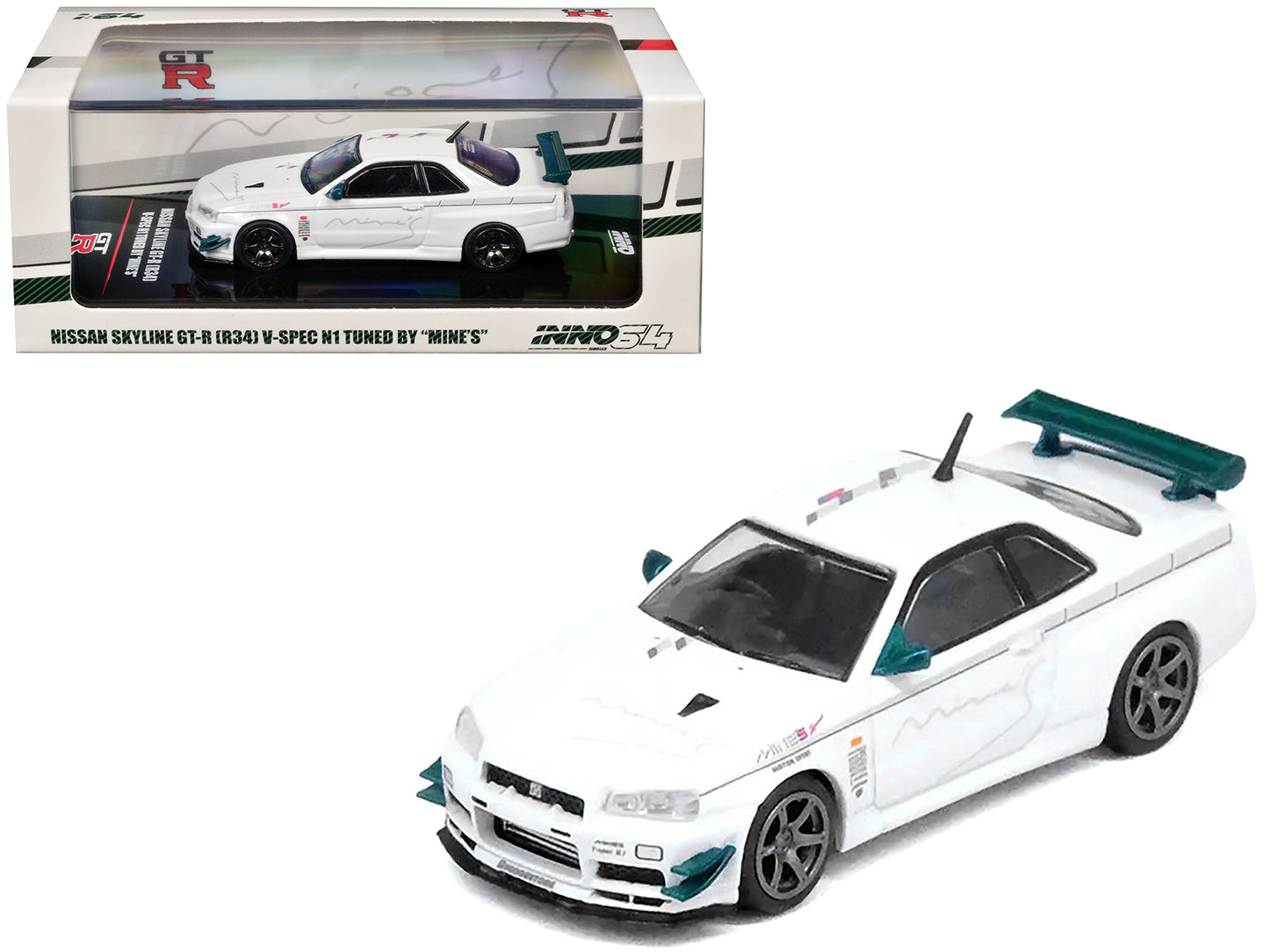 Nissan Skyline GT-R (R34) V-SPEC N1 RHD (Right Hand Drive) "Tuned by Mine's" White 1/64 Diecast Model Car by Inno Models