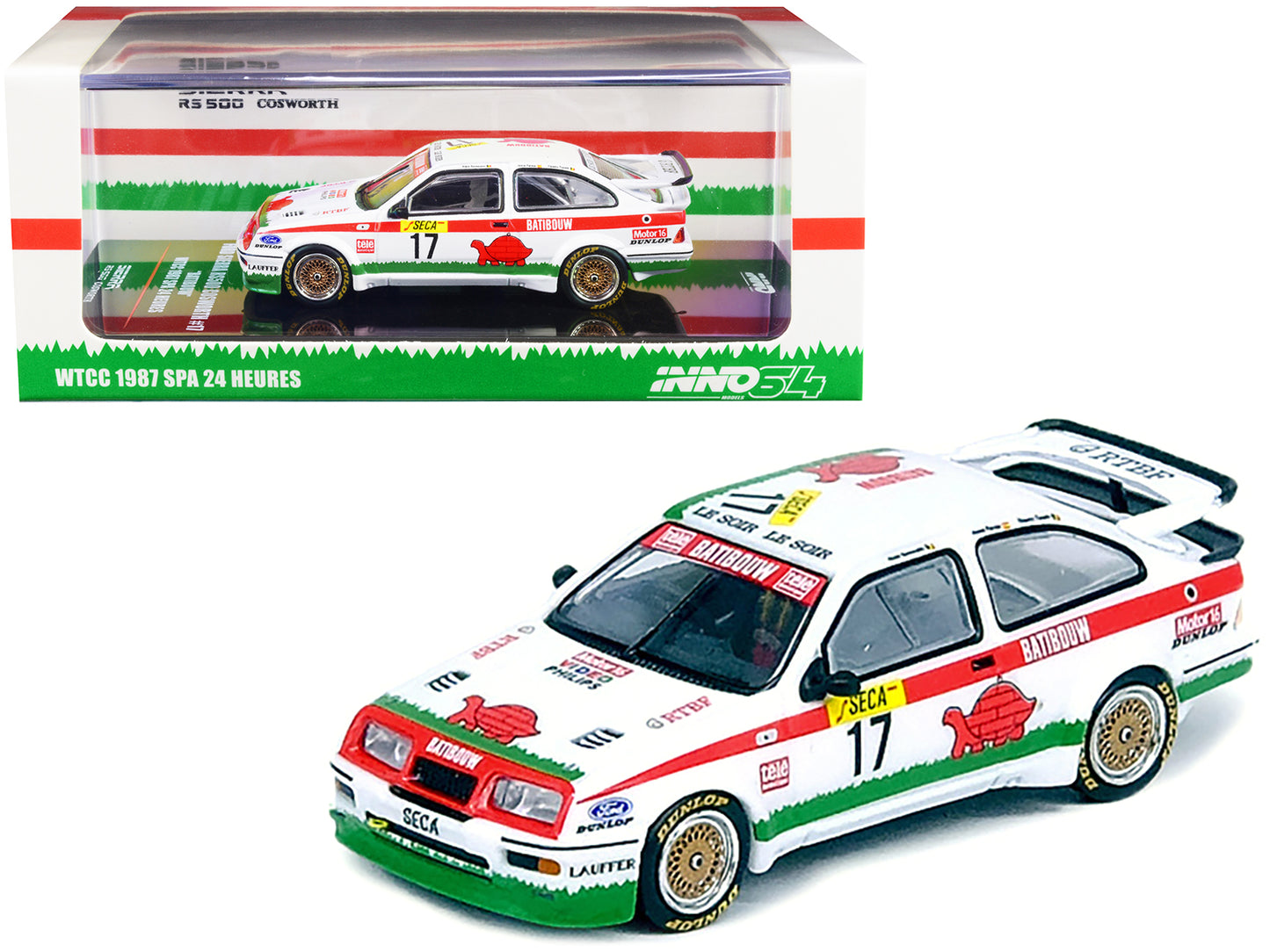 Ford Sierra RS500 Cosworth RHD (Right Hand Drive) #17 Alain Semoulin - Jesus Pareja - Thierry Tassin "BATIBOUW" WTCC World Touring Car Championship Spa 24 Hours (1987) 1/64 Diecast Model Car by Inno Models