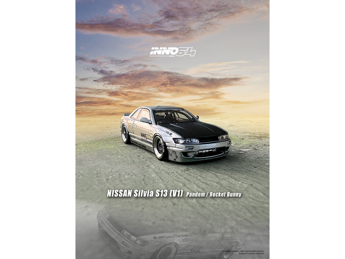 Nissan Silvia S13 (V1) RHD (Right Hand Drive) Silver Metallic with Carbon Hood "Pandem/Rocket Bunny" 1/64 Diecast Model Car by Inno Models