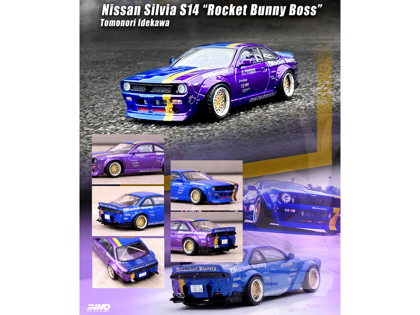 Nissan Silvia (S14) RHD (Right Hand Drive) Blue and Purple Metallic with Yellow Stripe "Tomonori Idekawa's Rocket Bunny Boss" 1/64 Diecast Model Car by Inno Models