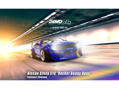 Nissan Silvia (S14) RHD (Right Hand Drive) Blue and Purple Metallic with Yellow Stripe "Tomonori Idekawa's Rocket Bunny Boss" 1/64 Diecast Model Car by Inno Models