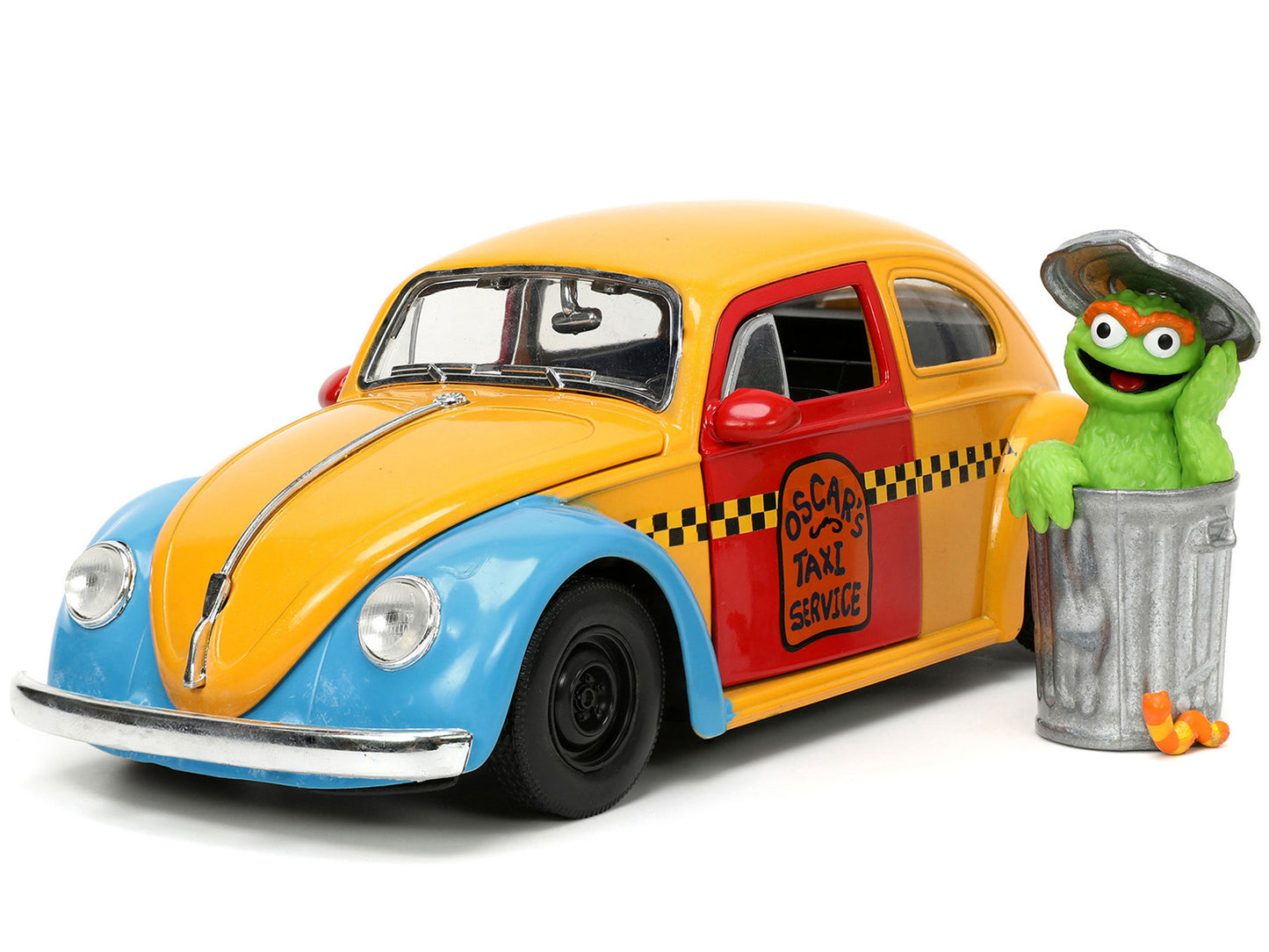 1959 Volkswagen Beetle Taxi Yellow and Blue "Oscar's Taxi Service" and Oscar the Grouch Diecast Figure "Sesame Street" "Hollywood Rides" Series 1/24 Diecast Model Car by Jada