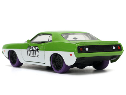 1973 Plymouth Barracuda Green Metallic and White and She-Hulk Diecast Figure "The Savage She-Hulk" "Hollywood Rides" Series 1/32 Diecast Model Car by Jada