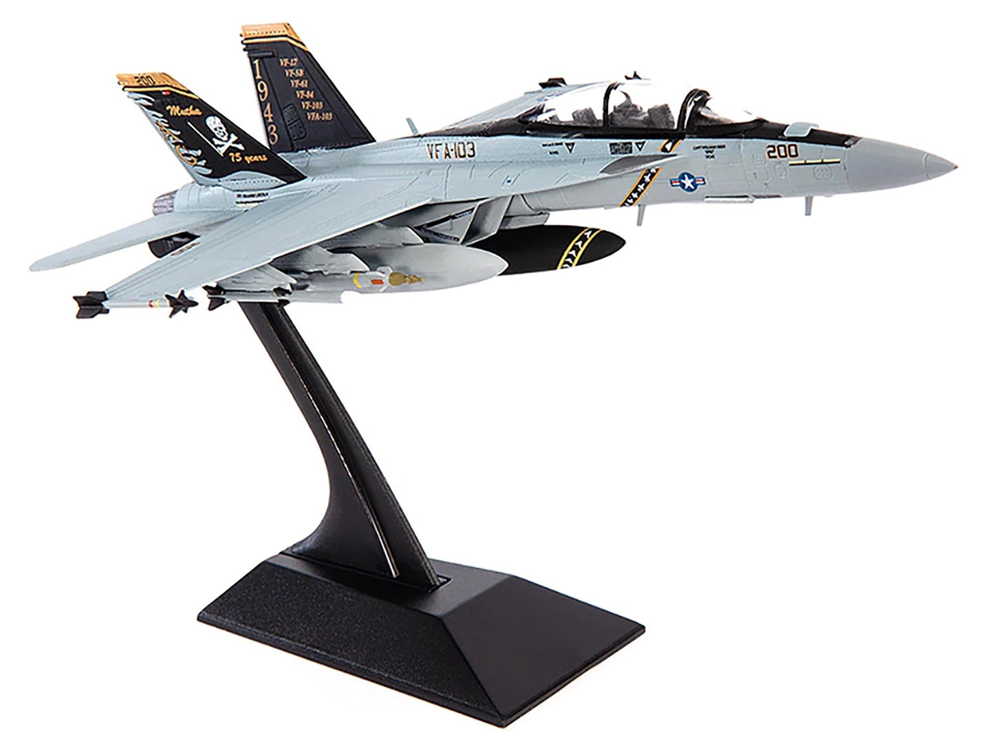 Boeing F/A-18F Super Hornet Fighter Aircraft "VFA-103 Jolly Rogers Squadron 75th Anniversary USS Abraham Lincoln" (2018) United States Navy 1/144 Diecast Model by JC Wings