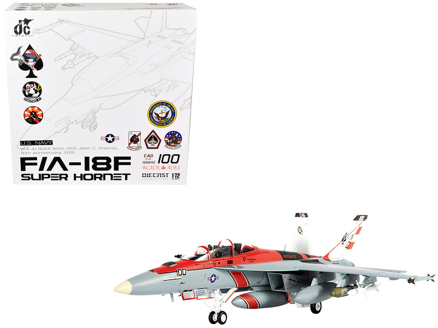 McDonnell Douglas F/A-18F Super Hornet Fighter Plane "U.S. Navy VFA-41 Black Aces USS John C. Stennis 70th Anniversary Edition" (2015) 1/72 Diecast Model by JC Wings