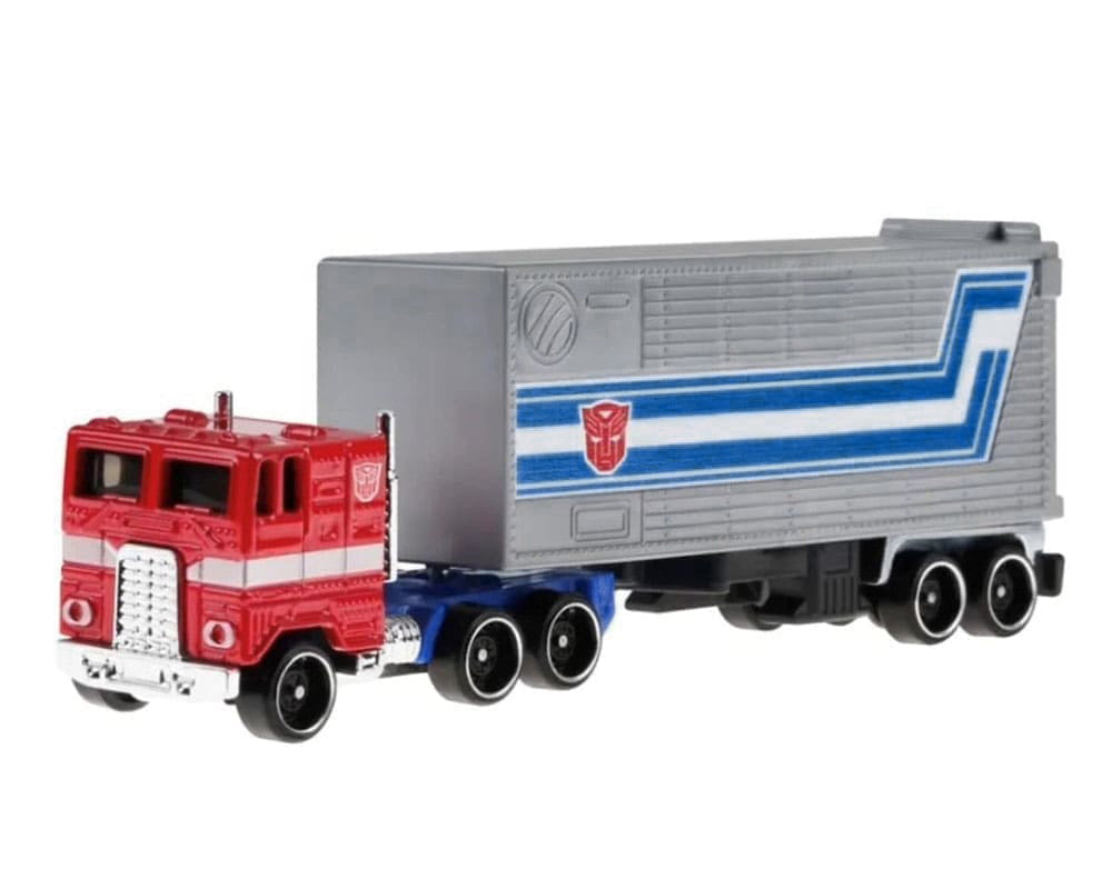 Optimus Prime Truck Red and Blue with Gray Trailer "Transformers" "Track Fleet" Series Diecast Model Car by Hot Wheels