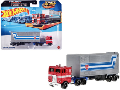 Optimus Prime Truck Red and Blue with Gray Trailer "Transformers" "Track Fleet" Series Diecast Model Car by Hot Wheels