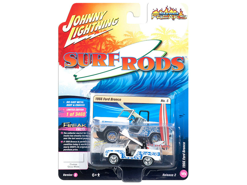 1966 Ford Bronco with Surf Board White and Blue Designs "Street Freaks" Limited Edition to 3460 pieces Worldwide 1/64 Diecast Model Car by Johnny Lightning