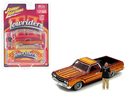 1965 Chevrolet El Camino Lowrider Red Metallic with Orange Graphics and Red Interior and Diecast Figure Limited Edition to 3600 pieces Worldwide 1/64 Diecast Model Car by Johnny Lightning