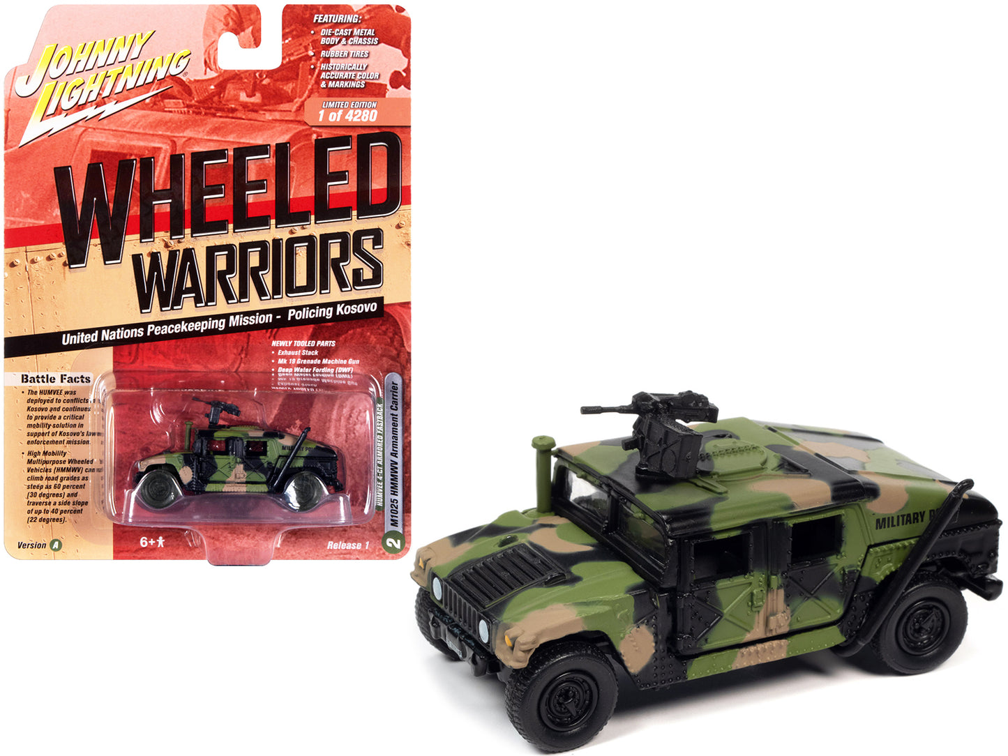 Humvee 4-CT Armored Fastback M1025 HMMWV Armament Carrier Camouflage "U.N. United Nations Peacekeeping Mission - Policing Kosovo" "Wheeled Warriors" Series Limited Edition to 4280 pieces Worldwide 1/64 Diecast Model Car by Johnny Lightning