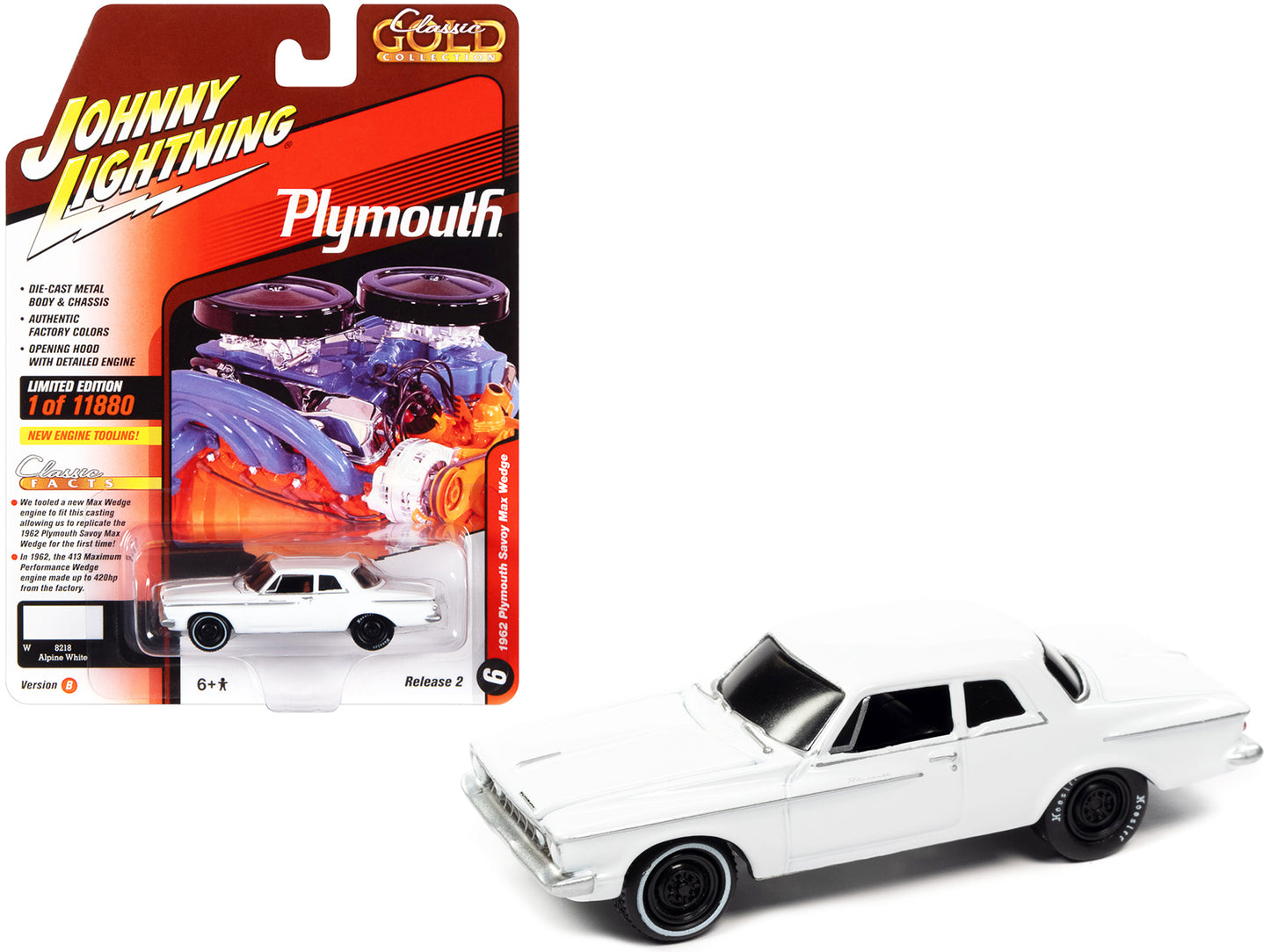 1962 Plymouth Savoy Max Wedge Alpine White "Classic Gold Collection" Series Limited Edition to 11880 pieces Worldwide 1/64 Diecast Model Car by Johnny Lightning