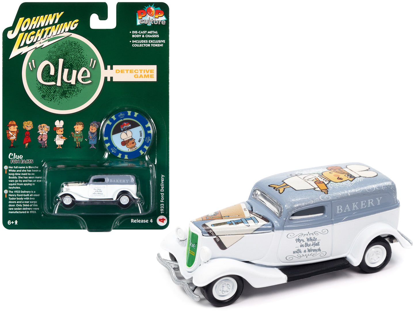 1933 Ford Delivery Van White with Gray Top (Mrs. White) with Poker Chip Collector's Token "Vintage Clue" "Pop Culture" 2022 Release 4 1/64 Diecast Model Car by Johnny Lightning